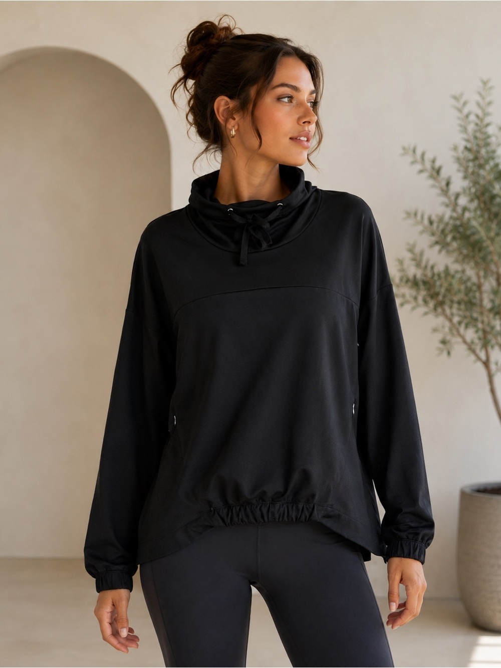 Fabletics Womens Europa Pullover Sweatshirt Sz M Black Cowl Neck Zip Pockets